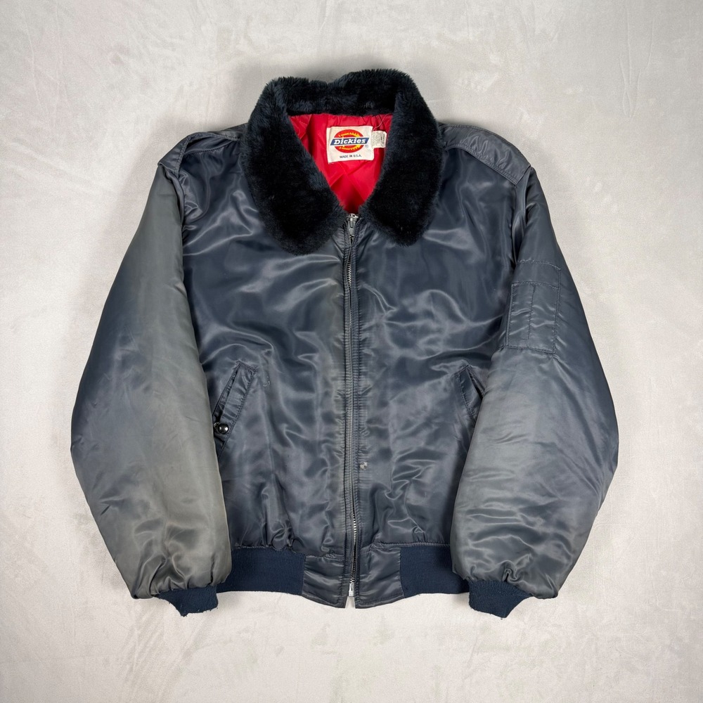 90s Mens Dickies Faux Fur Collar Bomber Flight Jacket Navy Blue XXL